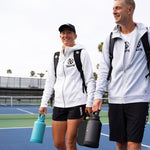 Black Pickleball Backpack. Worn by two professional pickleball players.
